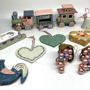 Wooden Country Christmas Ornaments LOT Kurt Adler 1980s Train Rooster Vintage